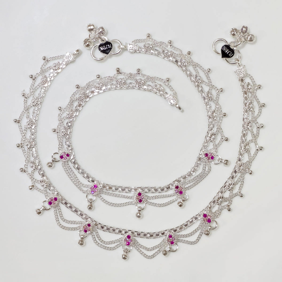 Silver Layered Pink Stone Anklet