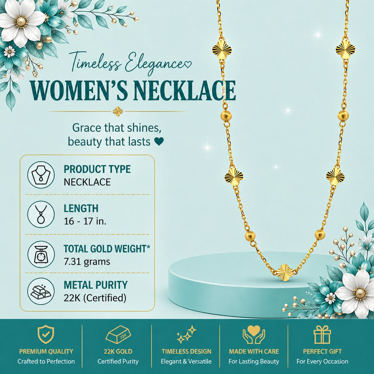 22k Gold Clover Bead Necklace