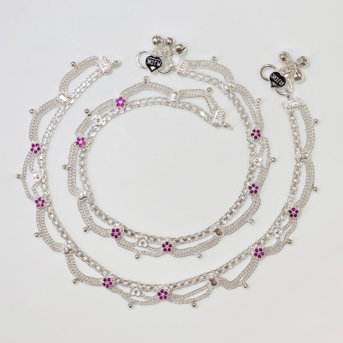 Silver Layered Pink Floral Anklet