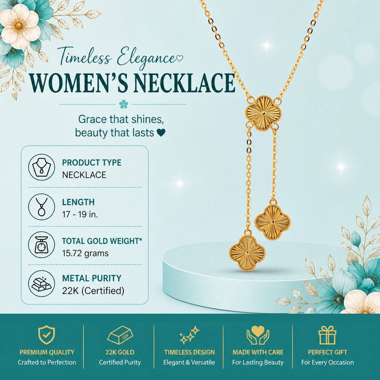 22k Gold Clover Drop Necklace