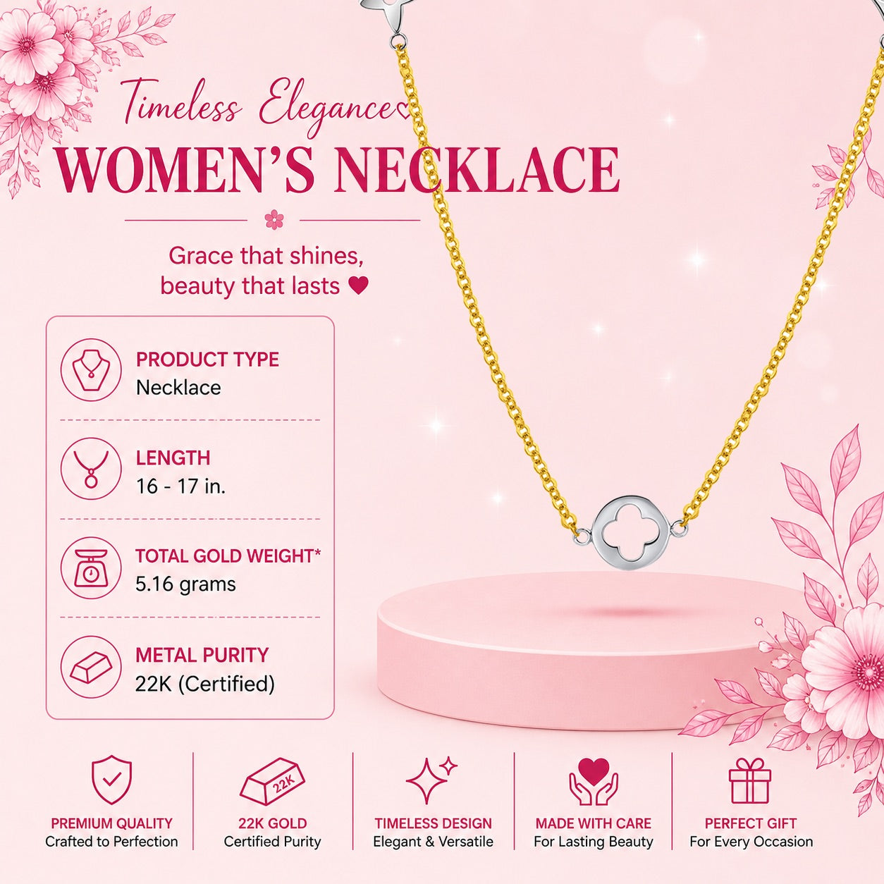 22k Gold Moonlight Clover Charm Necklace
