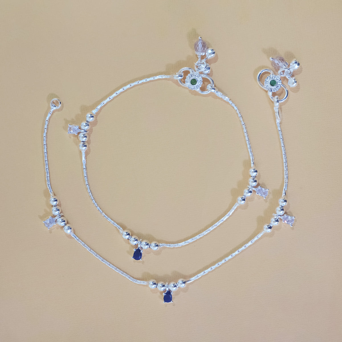 Silver Beaded Blue Stone Anklets