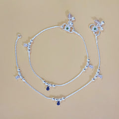Silver Beaded Blue Stone Anklets