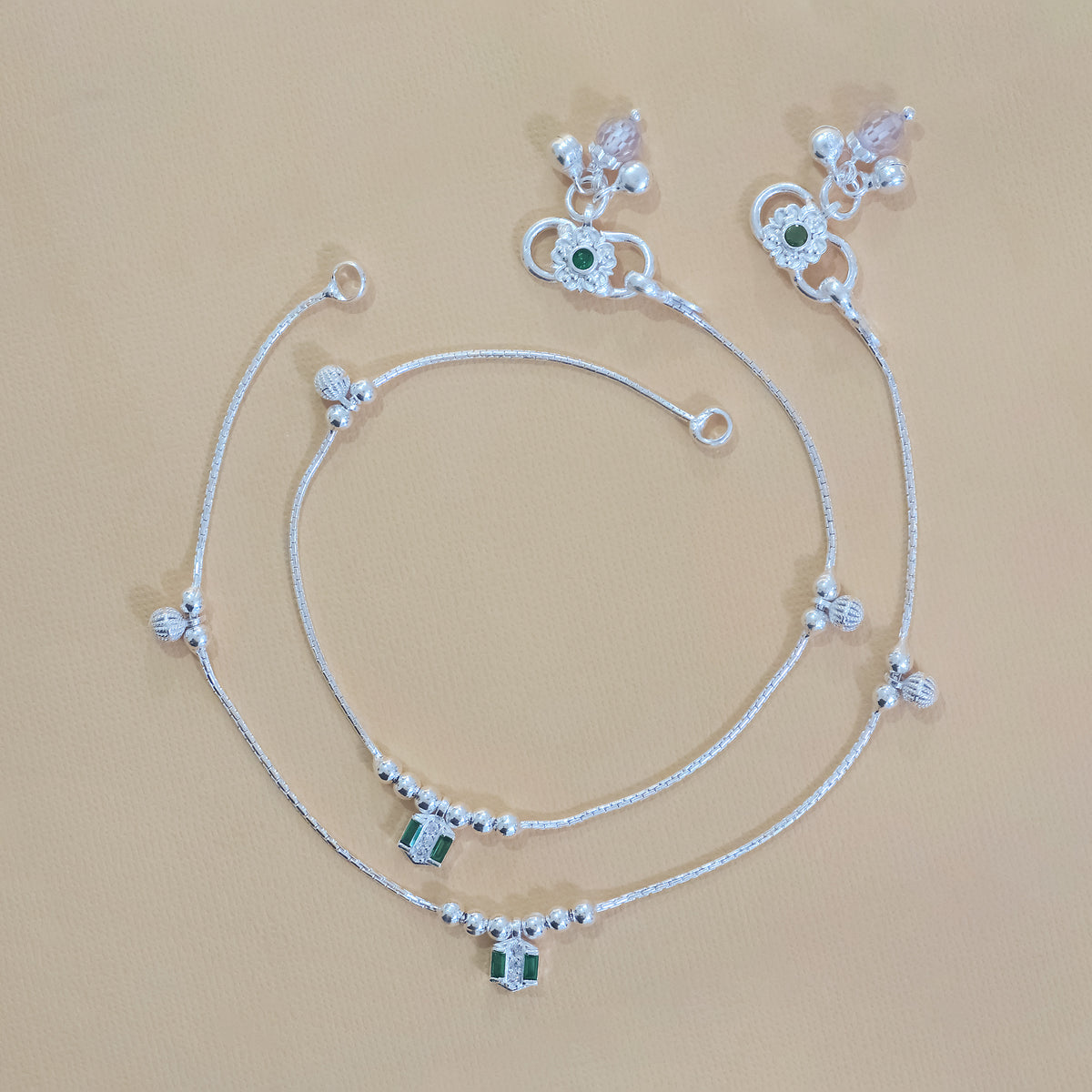 Silver Beaded Green Stone Anklets