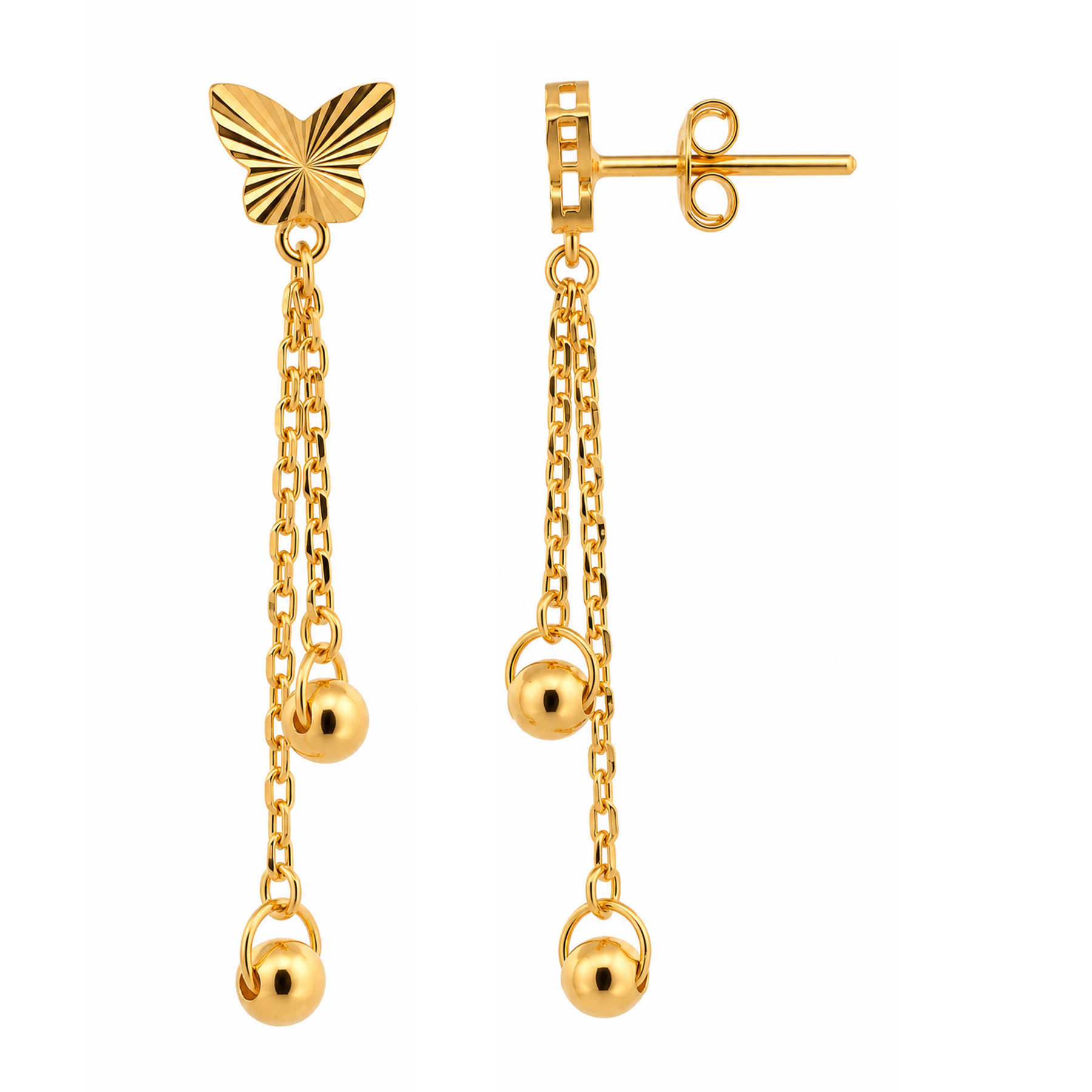 22K Gold Butterfly Chain Drop Earrings