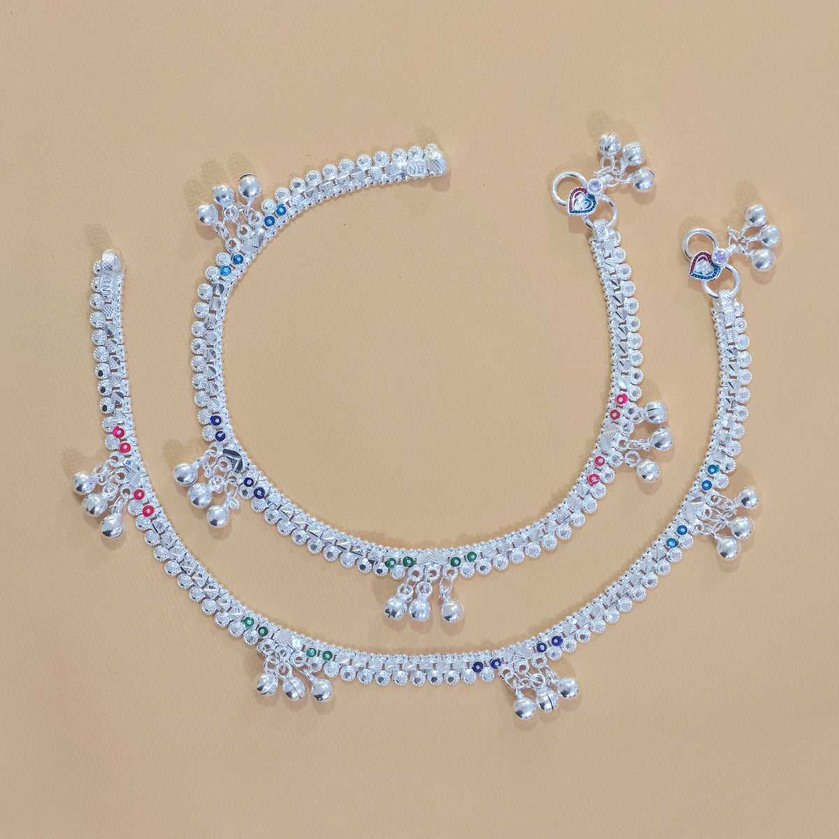 Silver Multi Accent Triple Gungroo Anklets