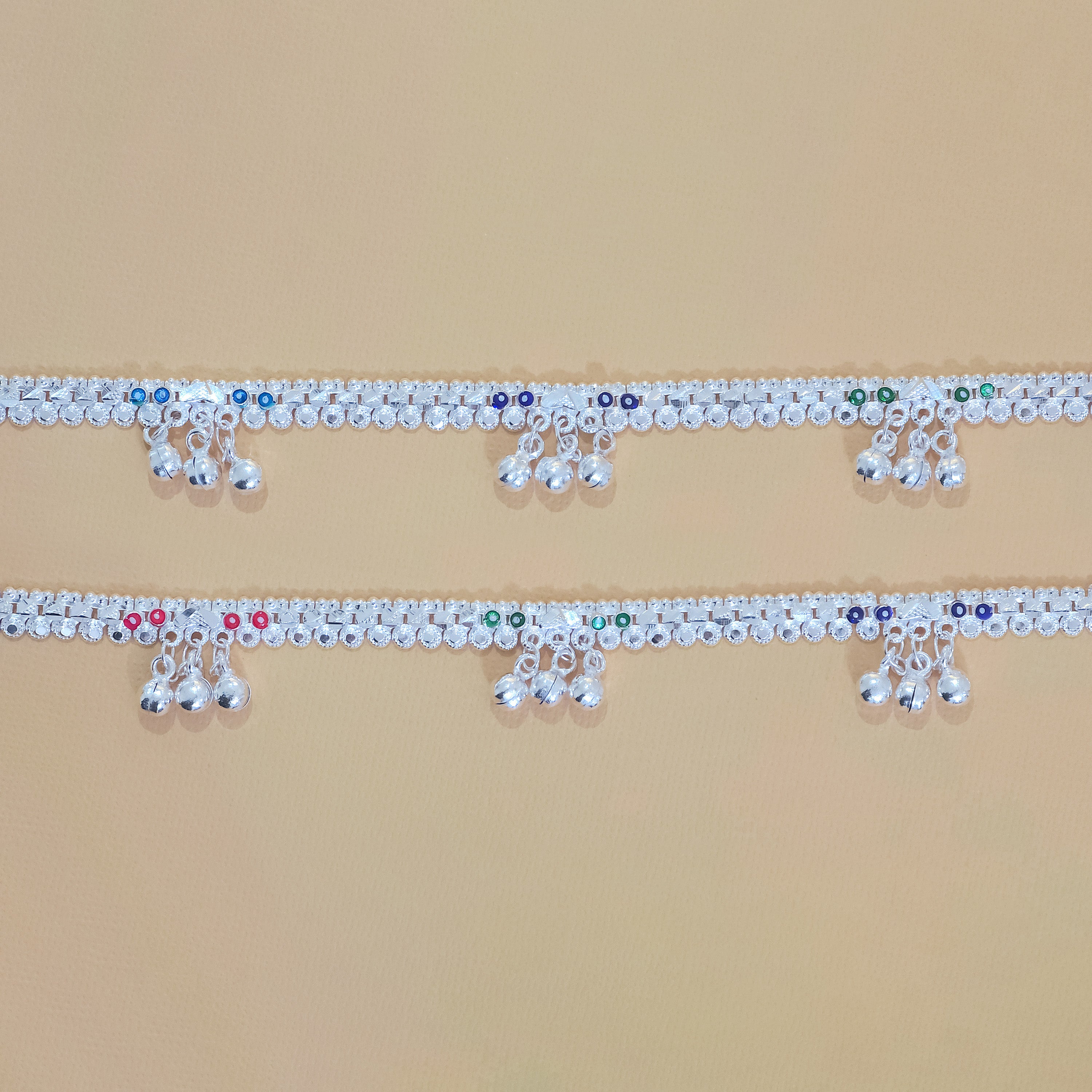 Silver Multi Accent Triple Gungroo Anklets