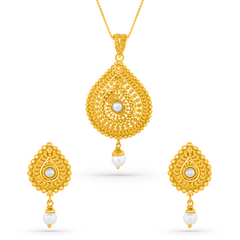 22K Gold Traditional Pearl Pendant with Earrings Set
