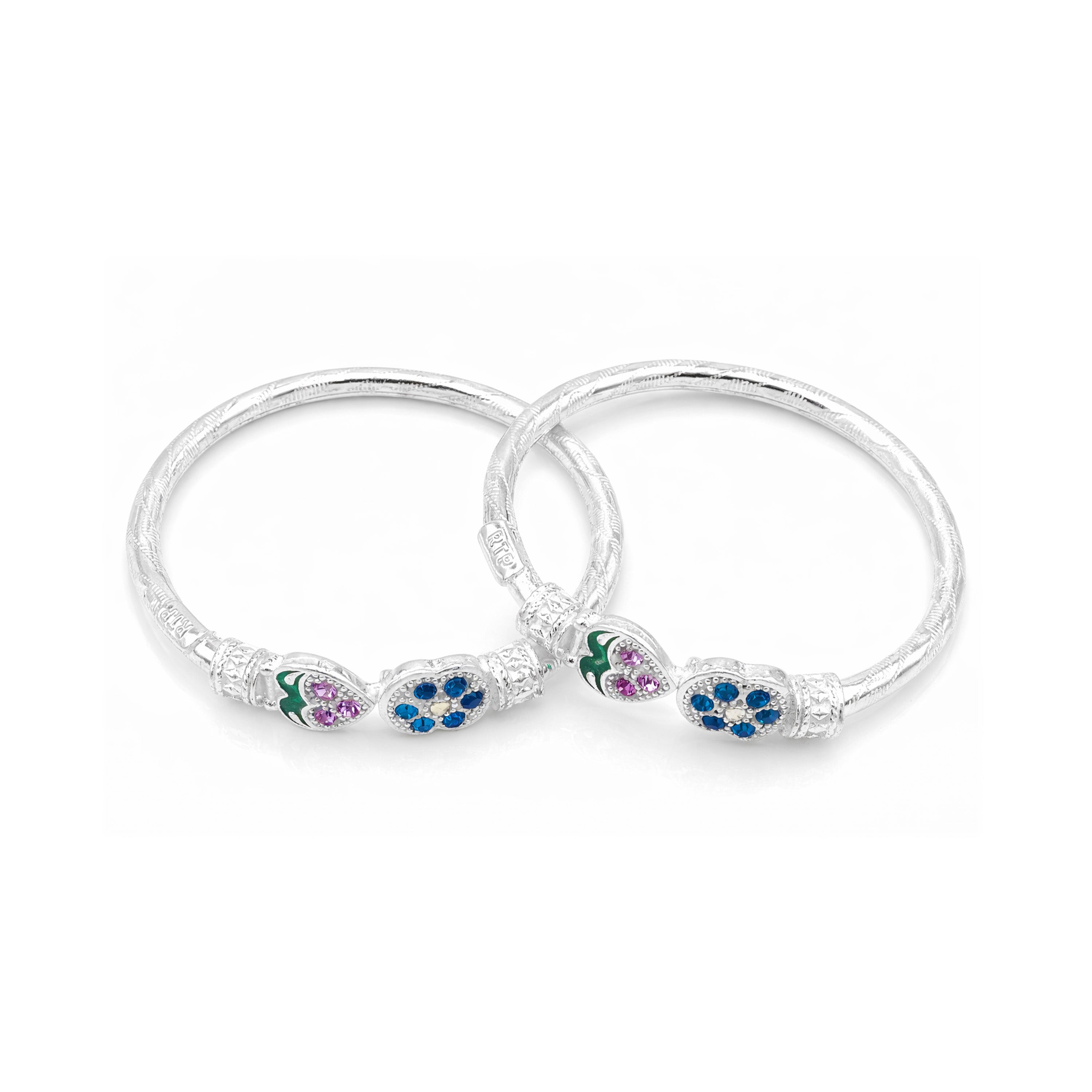 Silver Blue Floral Meenakari Baby Kadas - Set of 2