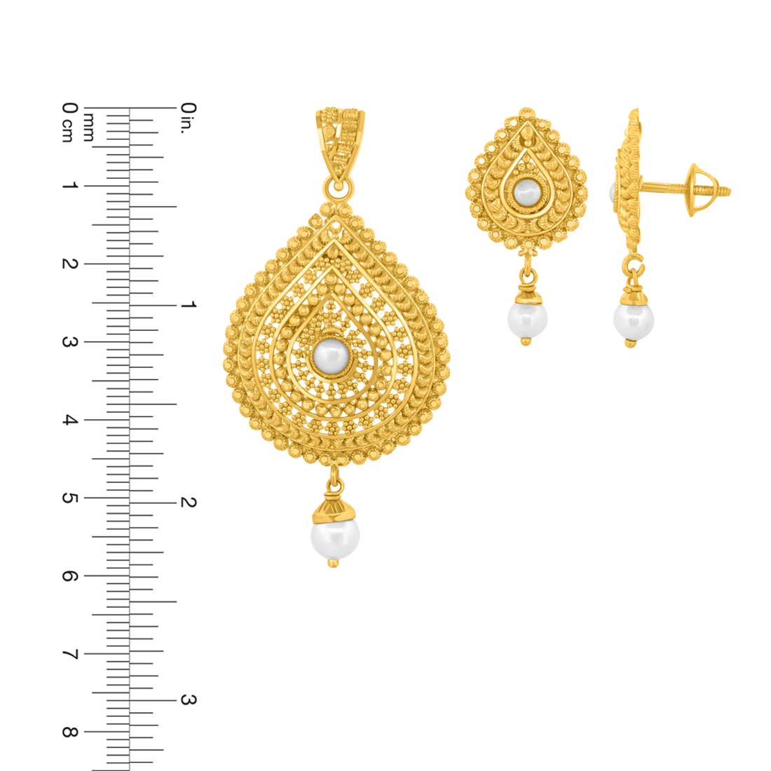 22K Gold Traditional Pearl Pendant with Earrings Set