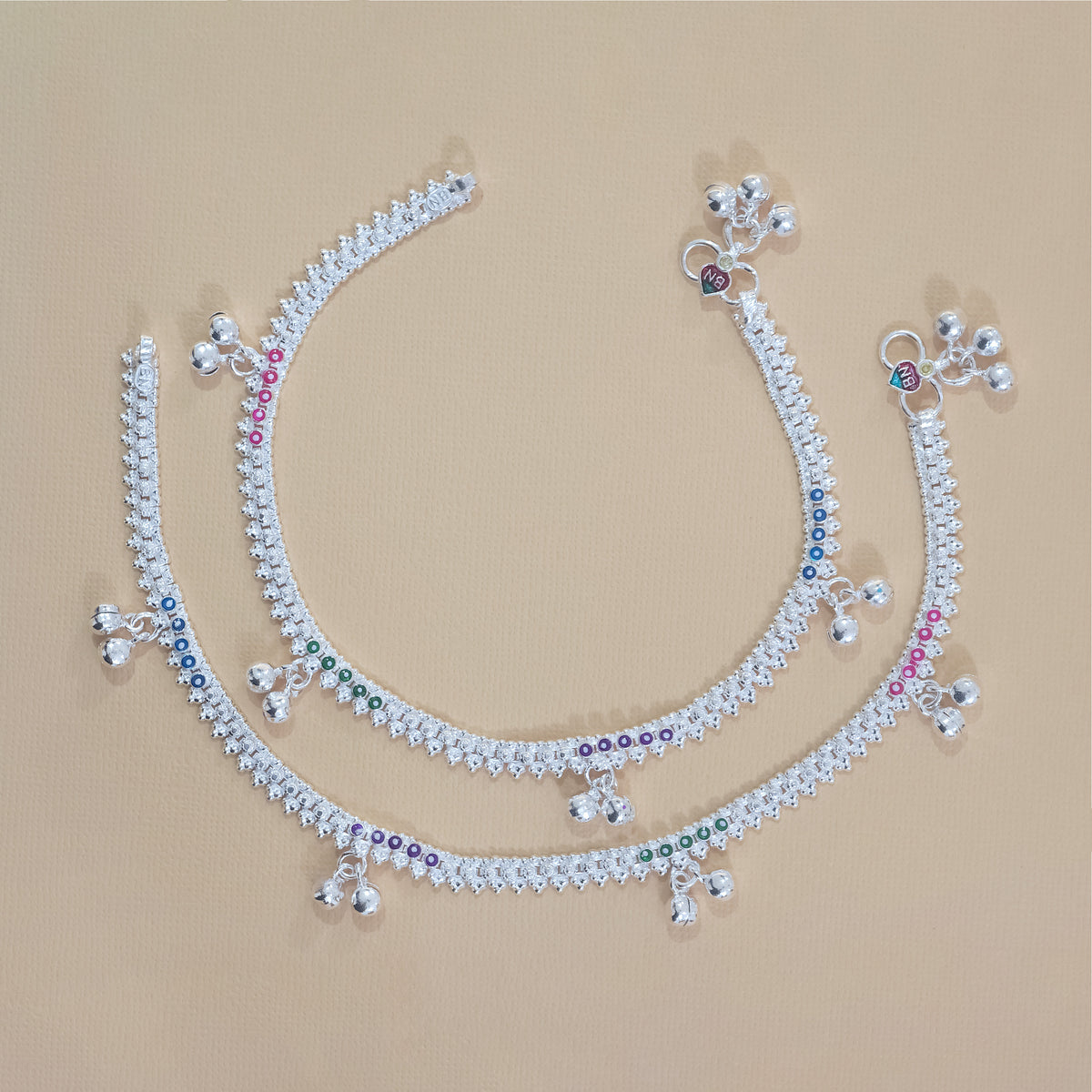 Silver Multicolor Cluster Drop Anklets