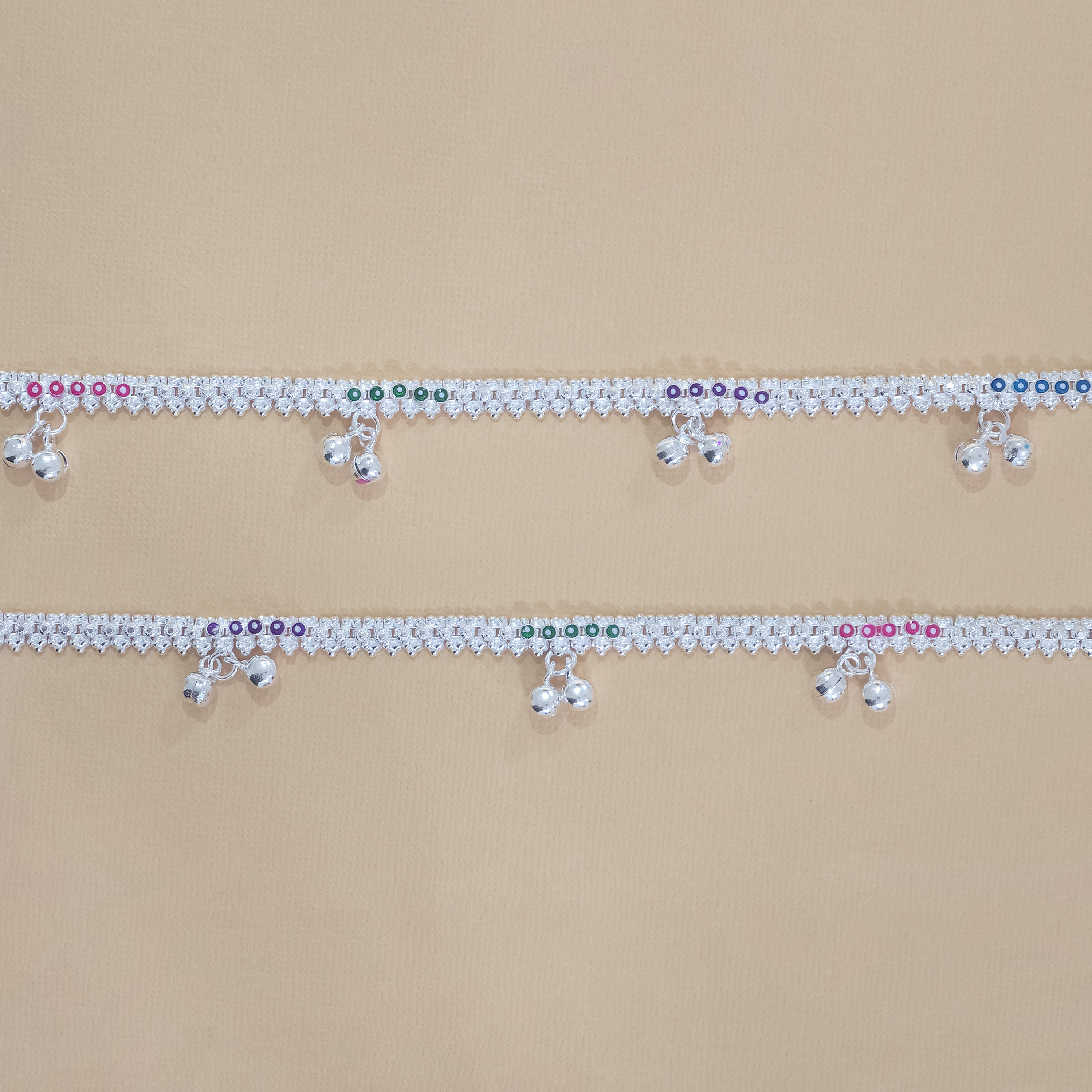 Silver Multicolor Cluster Drop Anklets