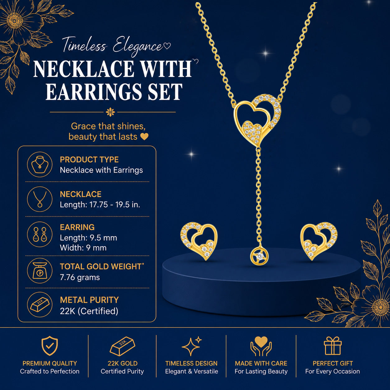22K Gold Heart Drop Necklace & Earrings Set
