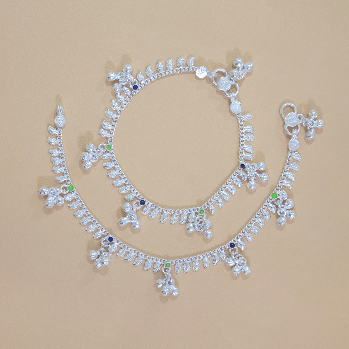 Silver Multicolor Leafed Gungroo Anklets