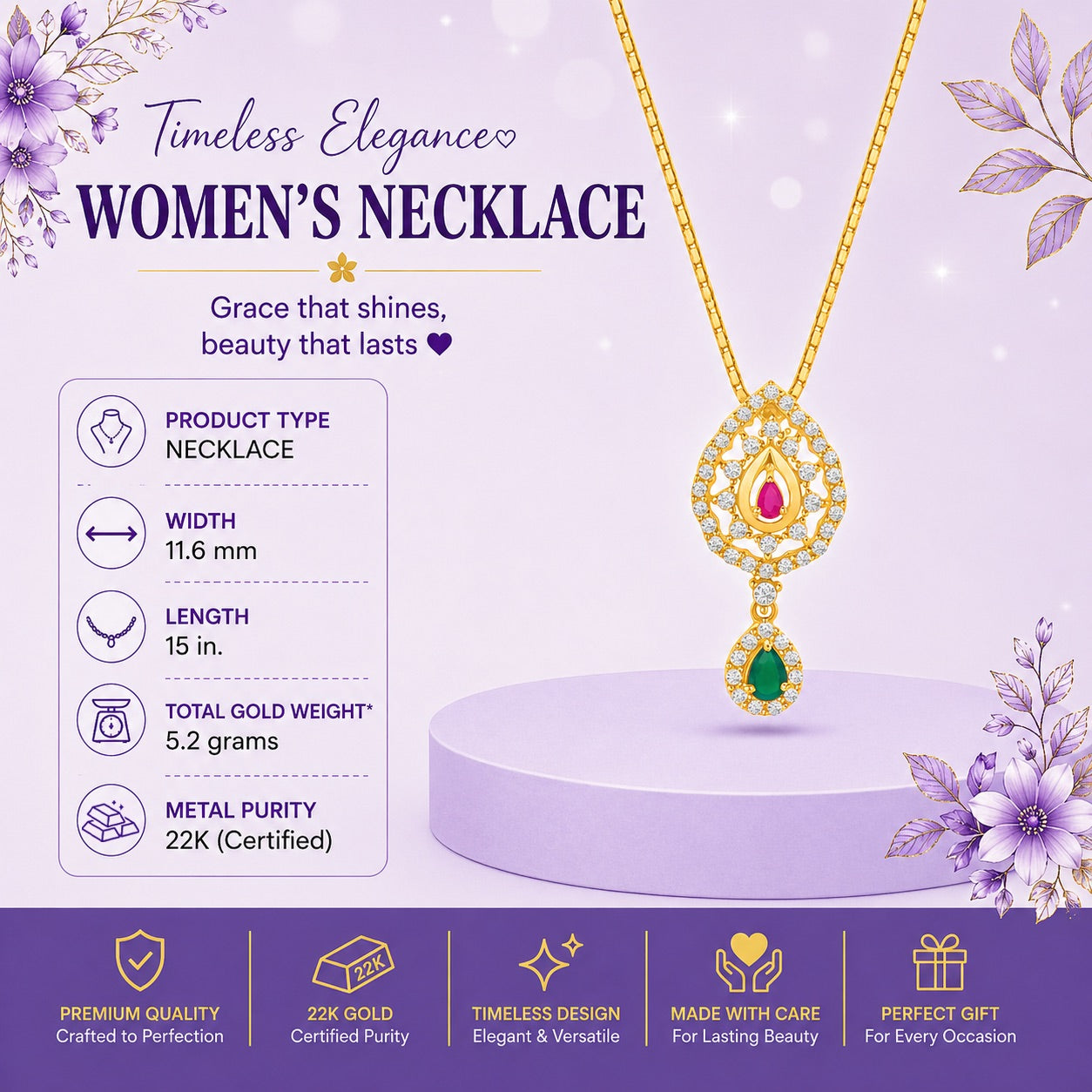 22K Gold Regal Tear-Drop Necklace