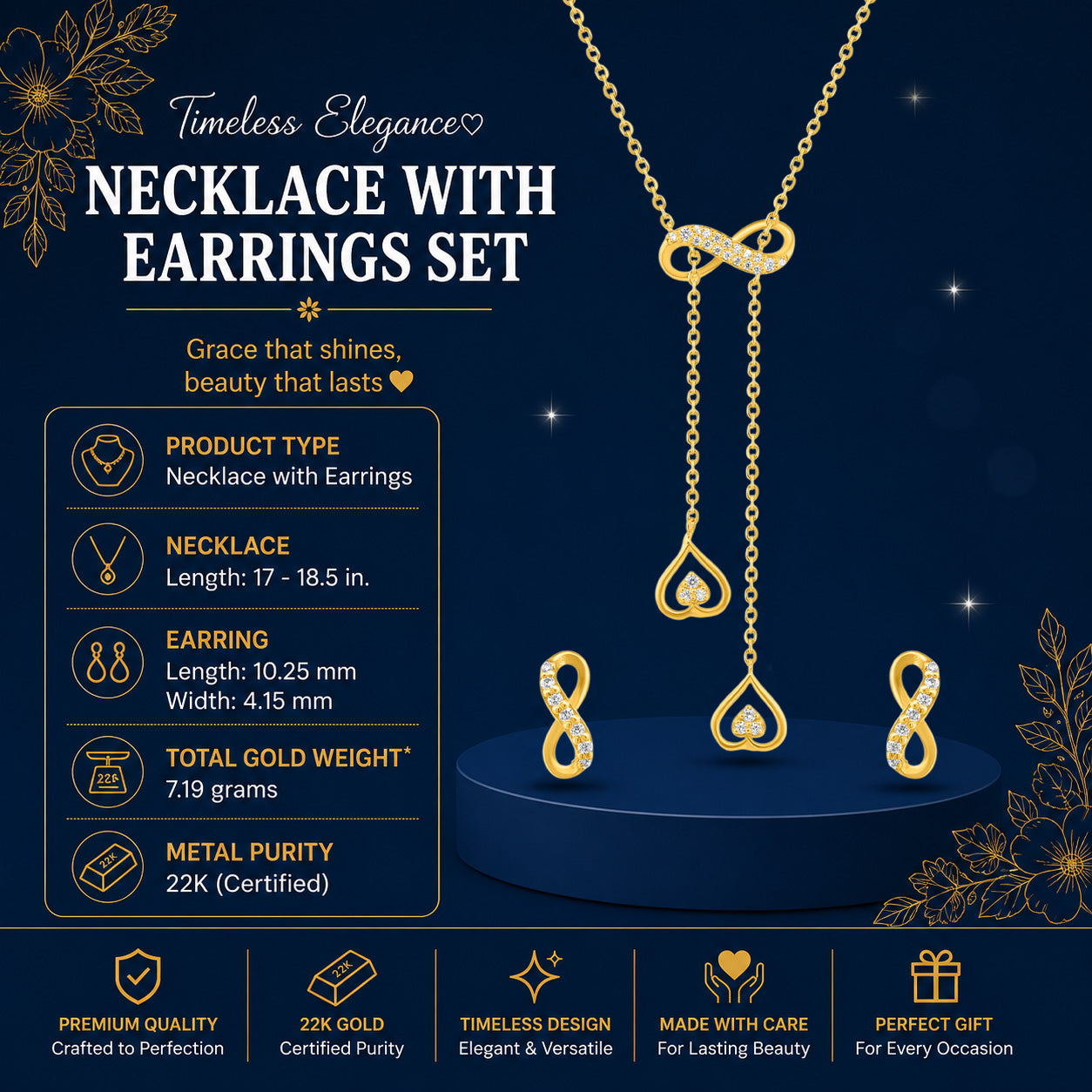 22K Gold Infinity Drop Necklace & Earrings Set