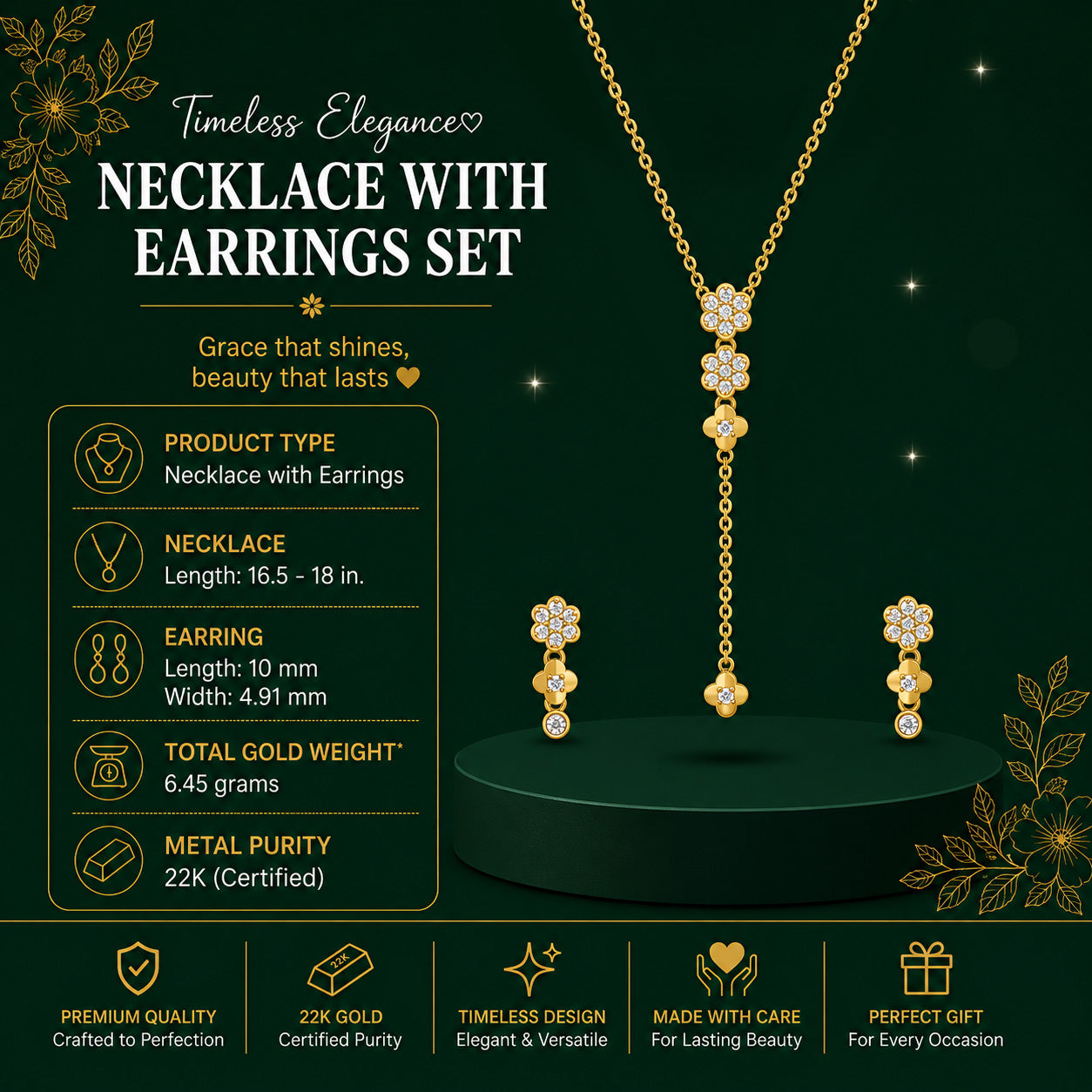 22K Gold Floral Drop Necklace & Earrings Set
