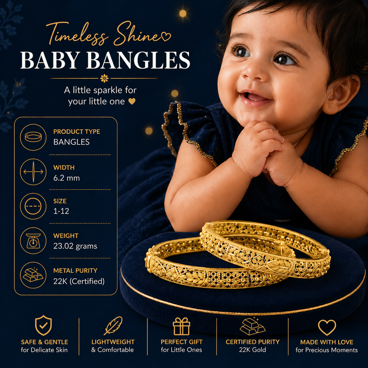 22K Gold Royal Baby Bangles With Screw Closure
