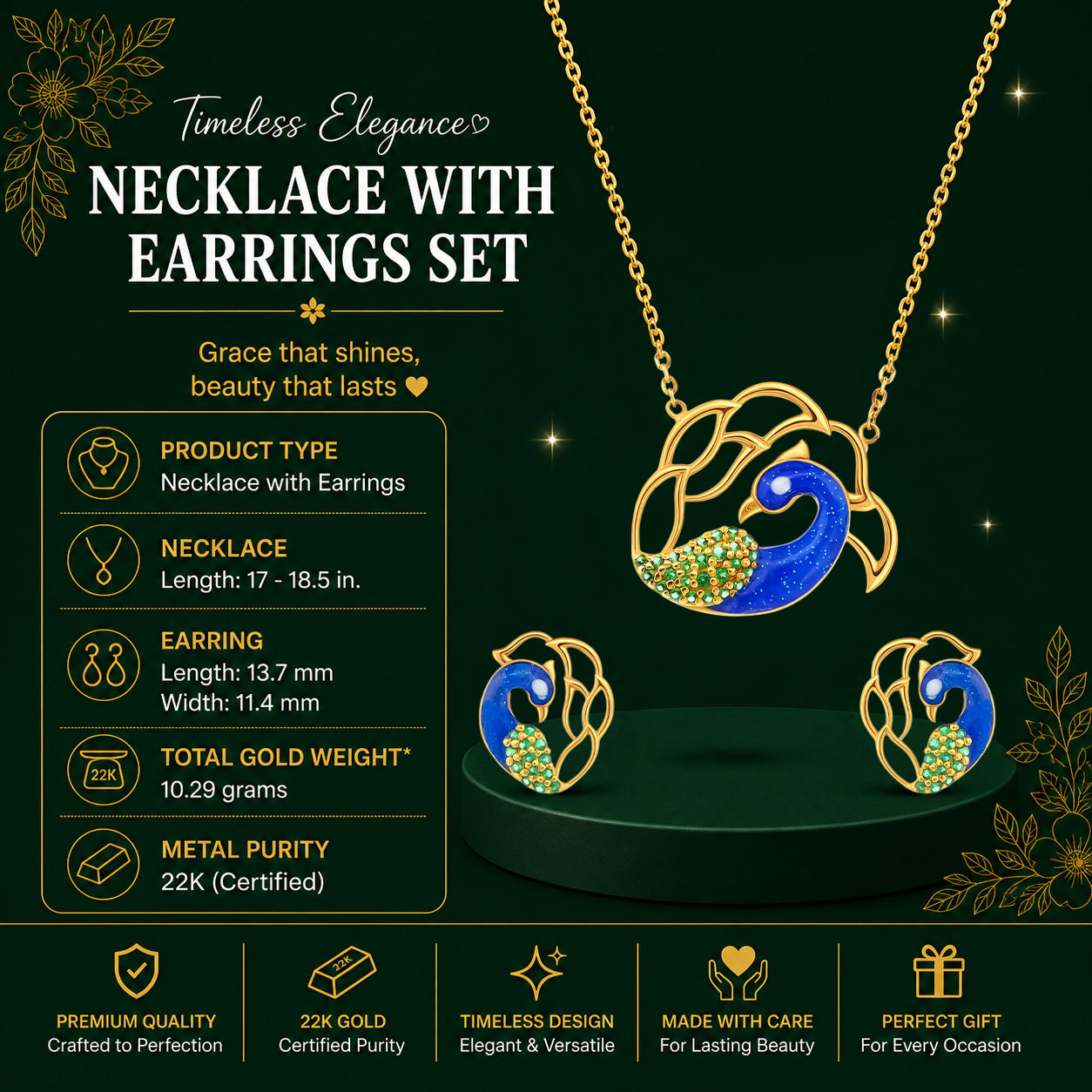 22K Gold Peacock Necklace & Earrings Set
