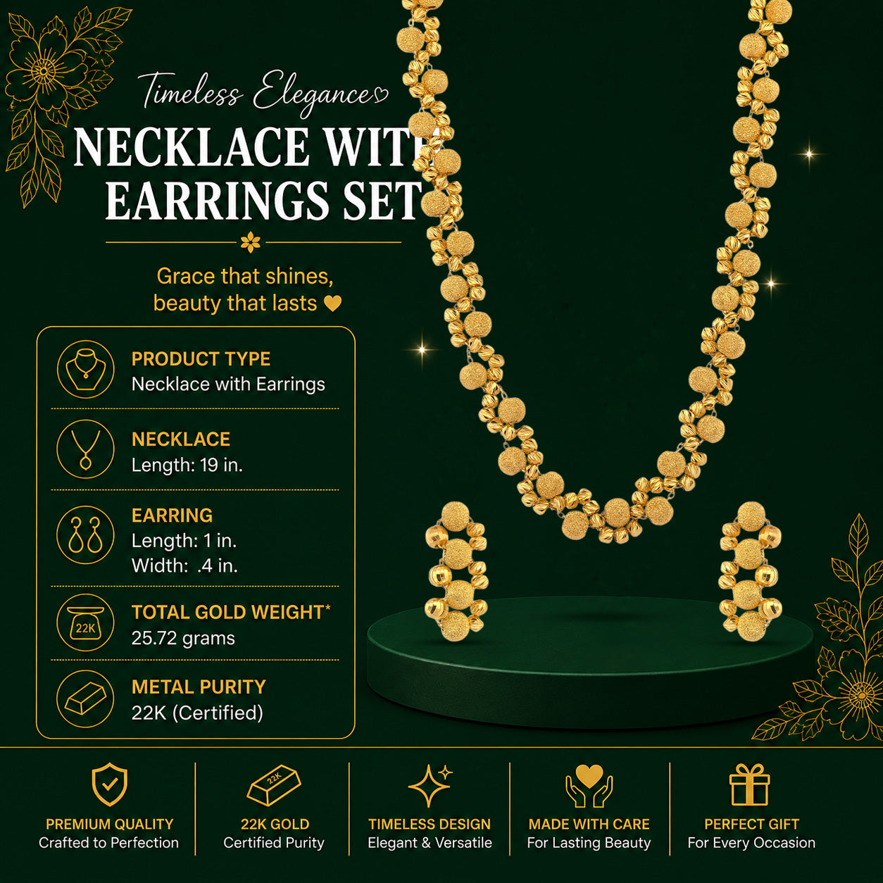22K Gold Necklace & Earrings Set